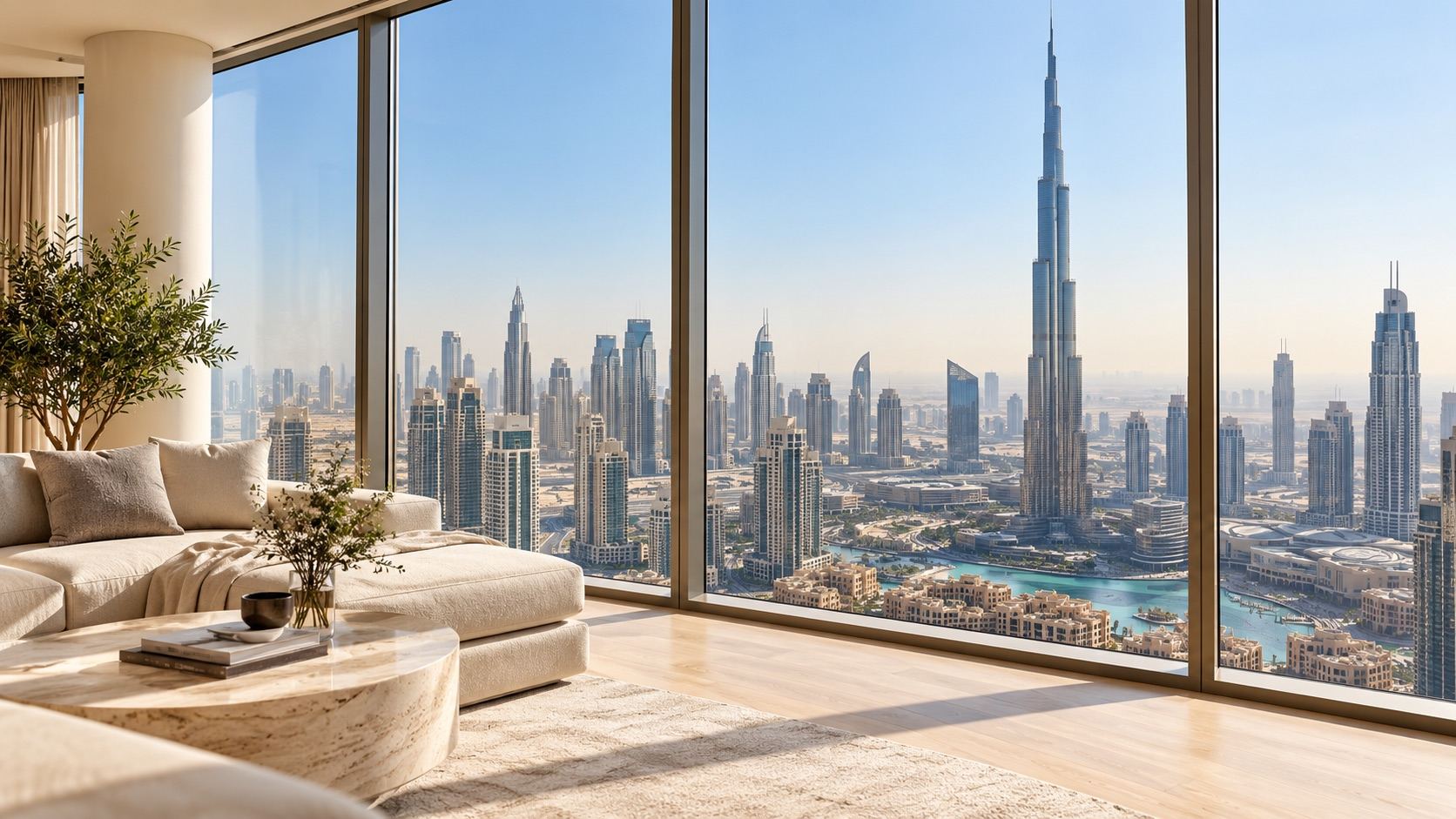 Downtown Dubai and the Burj Khalifa seen from a bright luxury apartment