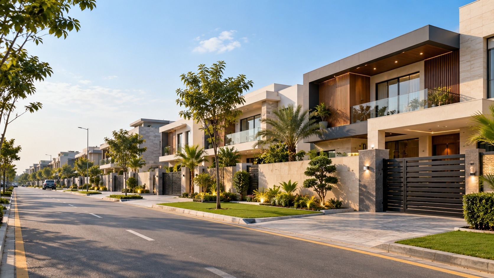 Street of modern homes in a Lahore housing society