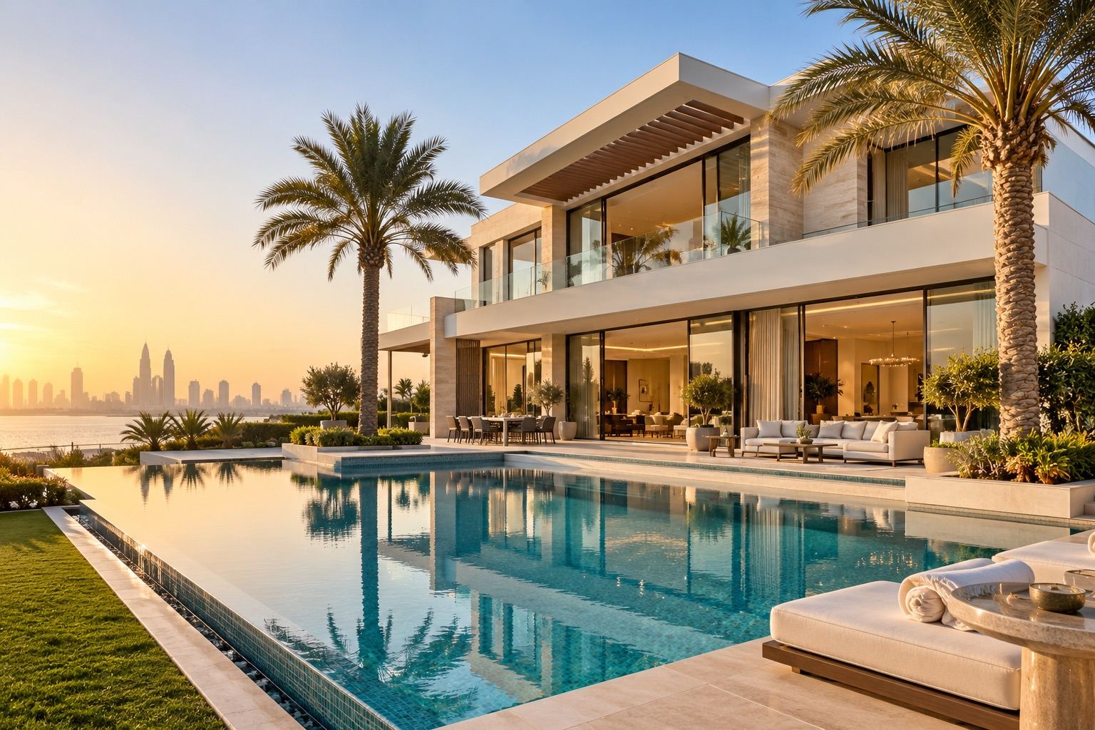 Modern villa with an infinity pool and palm trees