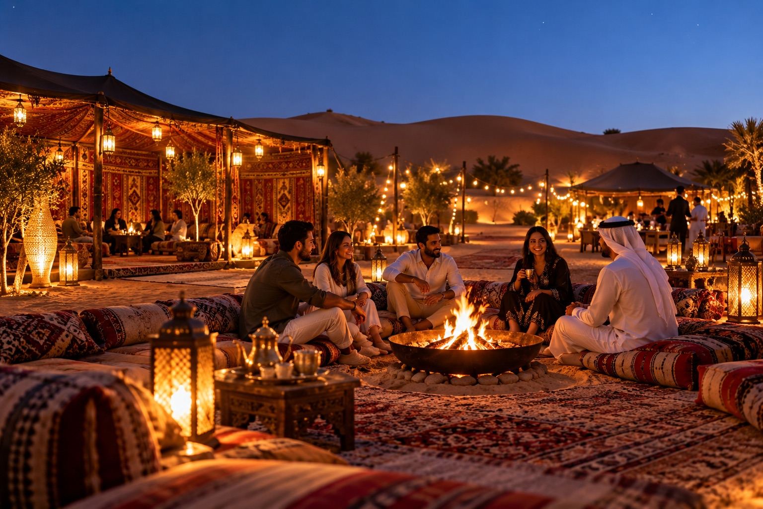 Guests around a fire at a desert camp at dusk (illustrative image)