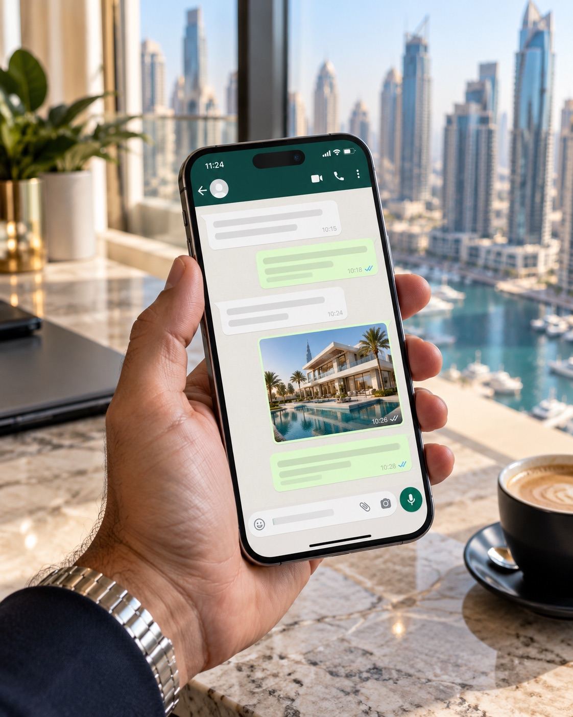 Hand holding a phone with a chat about a villa, Dubai Marina in the background (illustrative image)